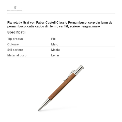 Pix rotativ Graf von Faber-Castell Classic Pernambuco, corp din lemn de pernambuco, cutie cadou din lemn, varf M, scriere neagra, maro [2]