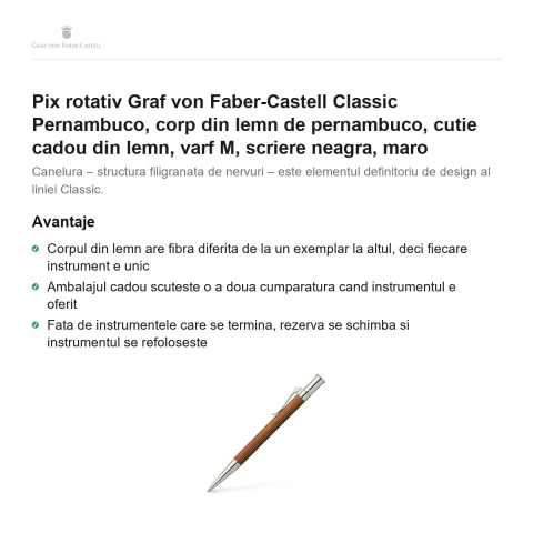 Pix rotativ Graf von Faber-Castell Classic Pernambuco, corp din lemn de pernambuco, cutie cadou din lemn, varf M, scriere neagra, maro [1]