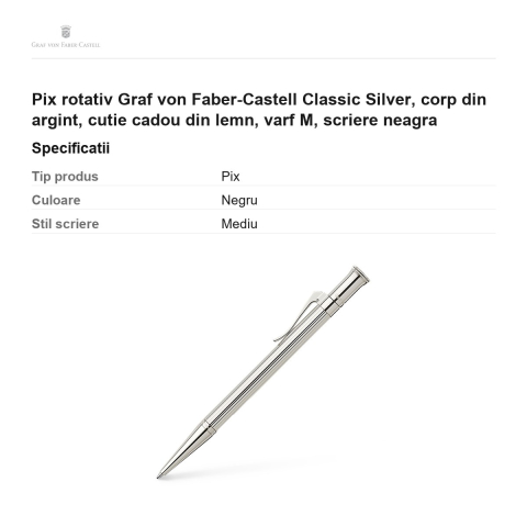Pix rotativ Graf von Faber-Castell Classic Silver, corp din argint, cutie cadou din lemn, varf M, scriere neagra [2]