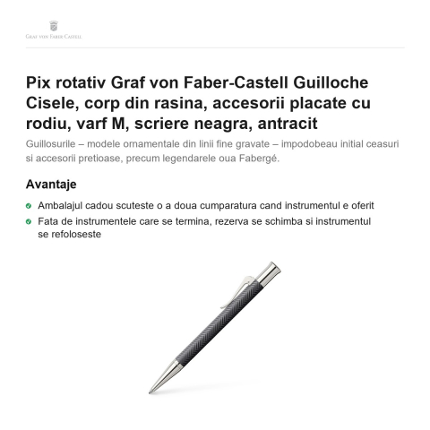 Pix rotativ Graf von Faber-Castell Guilloche Cisele, corp din rasina, accesorii placate cu rodiu, varf M, scriere neagra, antracit [1]