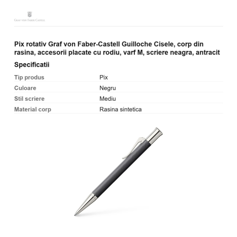 Pix rotativ Graf von Faber-Castell Guilloche Cisele, corp din rasina, accesorii placate cu rodiu, varf M, scriere neagra, antracit [2]