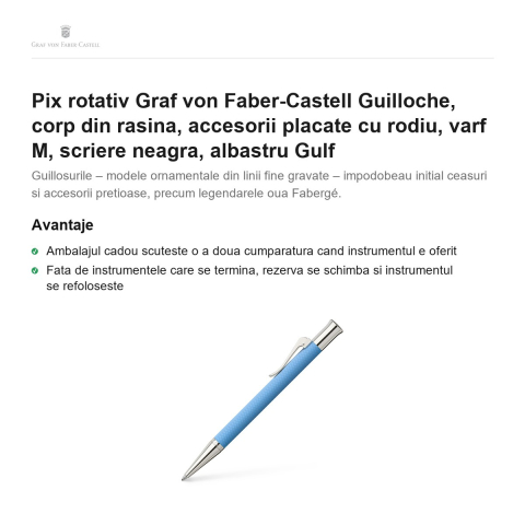 Pix rotativ Graf von Faber-Castell Guilloche, corp din rasina, accesorii placate cu rodiu, varf M, scriere neagra, albastru Gulf [1]