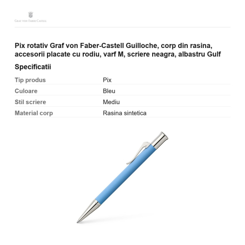 Pix rotativ Graf von Faber-Castell Guilloche, corp din rasina, accesorii placate cu rodiu, varf M, scriere neagra, albastru Gulf [2]