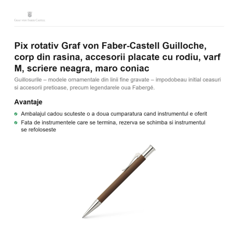 Pix rotativ Graf von Faber-Castell Guilloche, corp din rasina, accesorii placate cu rodiu, varf M, scriere neagra, maro coniac [1]
