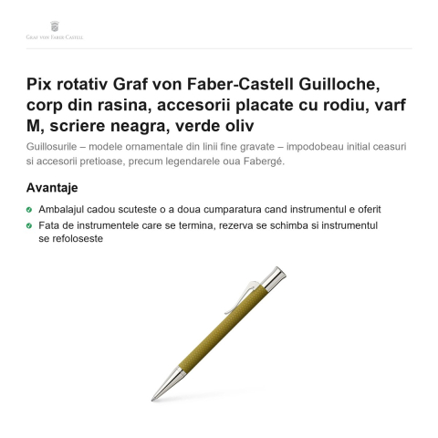 Pix rotativ Graf von Faber-Castell Guilloche, corp din rasina, accesorii placate cu rodiu, varf M, scriere neagra, verde oliv [1]