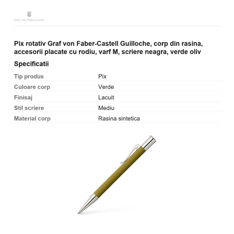 Pix rotativ Graf von Faber-Castell Guilloche, corp din rasina, accesorii placate cu rodiu, varf M, scriere neagra, verde oliv [2]