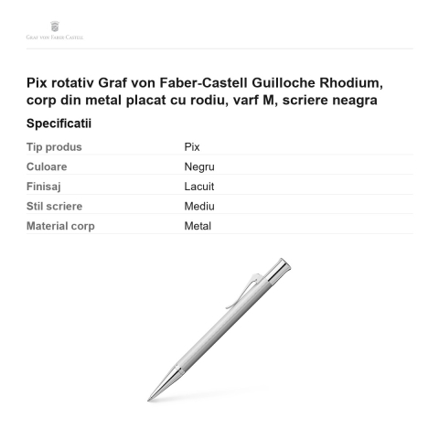 Pix rotativ Graf von Faber-Castell Guilloche Rhodium, corp din metal placat cu rodiu, varf M, scriere neagra [2]