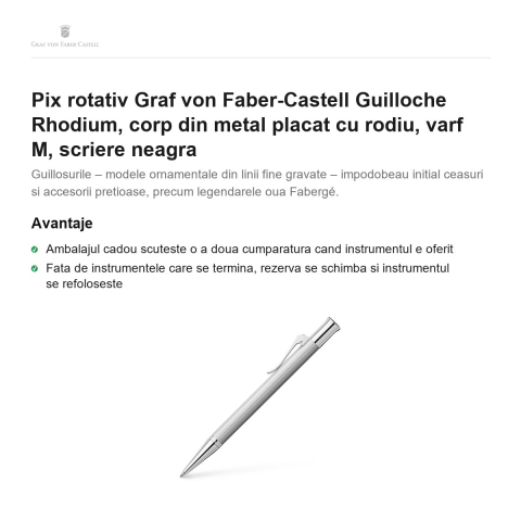 Pix rotativ Graf von Faber-Castell Guilloche Rhodium, corp din metal placat cu rodiu, varf M, scriere neagra [1]