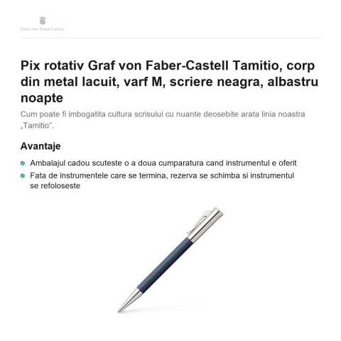 Pix rotativ Graf von Faber-Castell Tamitio, corp din metal lacuit, varf M, scriere neagra, albastru noapte [1]