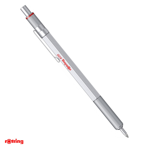 Instrumente de scris - Pix Rotring 600 retractabil, corp hexagonal din alama, grip randalinat, argintiu