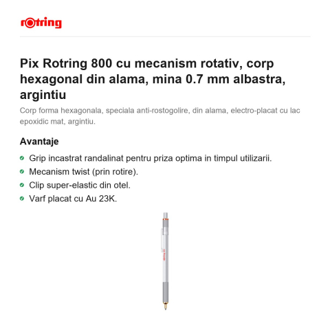 Pix Rotring 800 cu mecanism rotativ, corp hexagonal din alama, mina 0.7 mm albastra, argintiu [1]