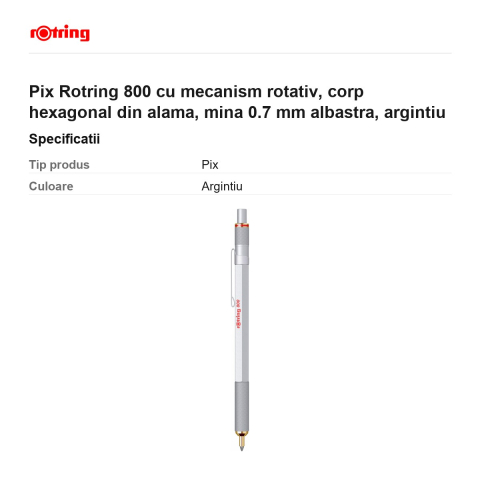 Pix Rotring 800 cu mecanism rotativ, corp hexagonal din alama, mina 0.7 mm albastra, argintiu [2]