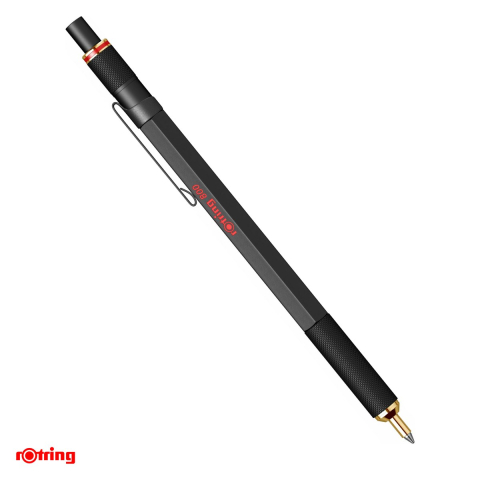 Instrumente de scris - Pix Rotring 800 Plus cu mecanism rotativ, corp hexagonal din alama, mina 0.7 mm albastra, negru