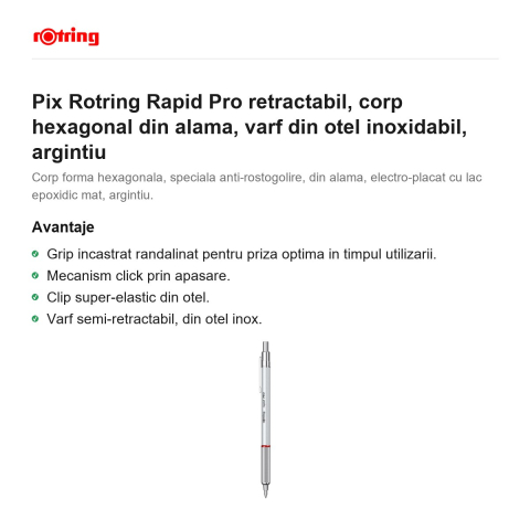 Pix Rotring Rapid Pro retractabil, corp hexagonal din alama, varf din otel inoxidabil, argintiu [1]