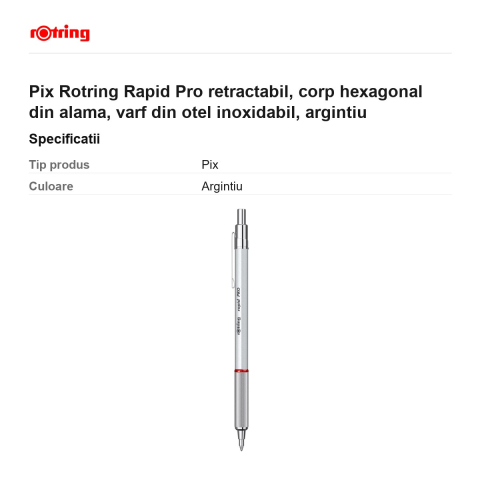 Pix Rotring Rapid Pro retractabil, corp hexagonal din alama, varf din otel inoxidabil, argintiu [2]