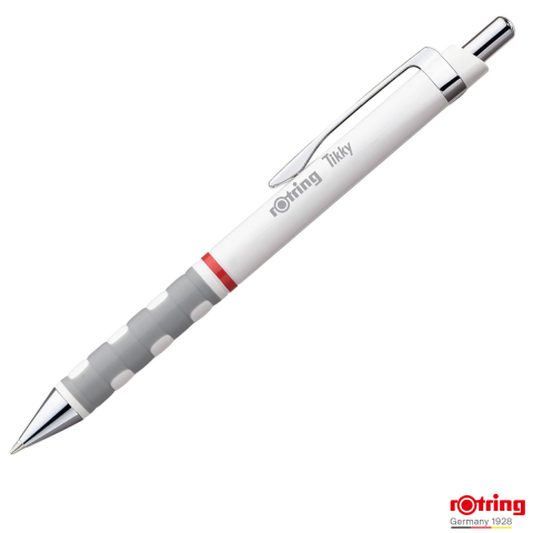 Pixuri cu mecanism - Pix Tikky 3 Alb cu Clip, Mina Jumbo Albastra 0.7mm, Grip Ergonom din Cauciuc, pentru Scriere Extensiva, Rotring