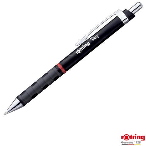 Pixuri cu mecanism - Pix Tikky 3 Negru cu Grip Ergonom din Cauciuc si Mina Jumbo Albastra 0.7mm, pentru Scriere Extensiva si Zilnica, Rotring