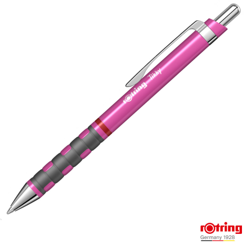 Pixuri cu mecanism - Pix Tikky 3 Roz Neon cu Clip, Mina Jumbo Albastra 0.7mm, Grip Ergonom din Cauciuc, pentru Scriere Extensiva, Rotring