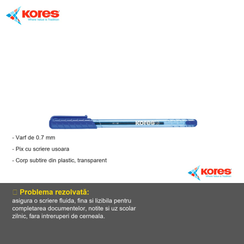 Pix unica folosinta Kores K1, varf 0.7 mm, cerneala albastra, scriere usoara pentru birou si scoala [1]