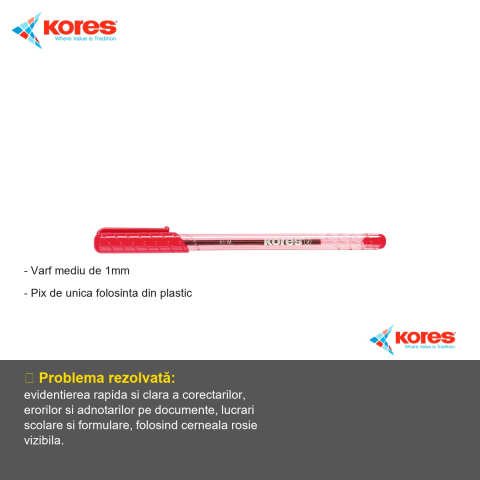Pix unica folosinta Kores K1, varf mediu 1mm, cerneala rosie, pentru birou si scoala [1]