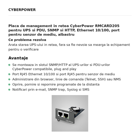 Placa de management in retea CyberPower RMCARD205 pentru UPS si PDU, SNMP si HTTP, Ethernet 10/100, port pentru senzor de mediu, albastru [1]