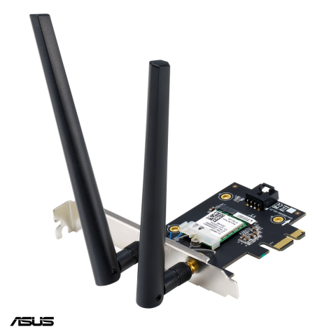 Periferice IT - Placa de retea Wi-Fi 7 PCI Express ASUS PCE-BE6500, BE6500, tri-band 6/5/2.4 GHz, Bluetooth 5.4, 2 antene externe, bracket low profile inclus, PCE-BE6500