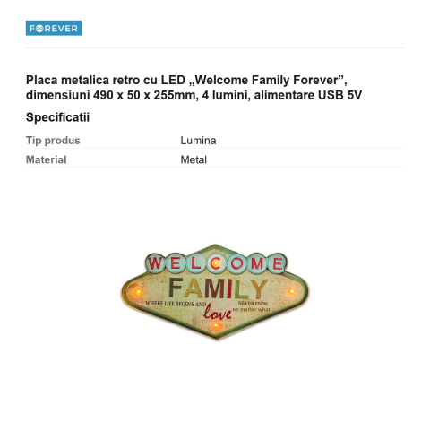 Placa metalica retro cu LED „Welcome Family Forever”, dimensiuni 490 x 50 x 255mm, 4 lumini, alimentare USB 5V [2]