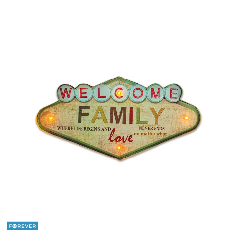 Neoane LED - Placa metalica retro cu LED „Welcome Family Forever”, dimensiuni 490 x 50 x 255mm, 4 lumini, alimentare USB 5V