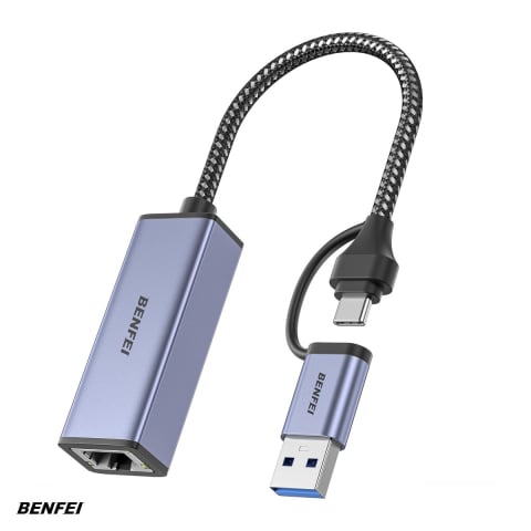 Placa retea - Placa retea Gigabit 1000 Mbps, RJ45 la USB-A si USB-C, Benfei, interfata USB 3.0, carcasa aluminiu, gri