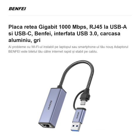Placa retea Gigabit 1000 Mbps, RJ45 la USB-A si USB-C, Benfei, interfata USB 3.0, carcasa aluminiu, gri [1]
