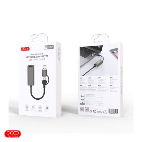 Placa retea XO HUB018 2 in 1, 100Mbps,  port RJ45 la  USB-A tata si USB-C tata , cablu 12cm,  gri [3]