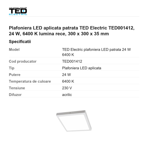 Plafoniera LED aplicata patrata TED Electric TED001412, 24 W, 6400 K lumina rece, 300 x 300 x 35 mm [2]