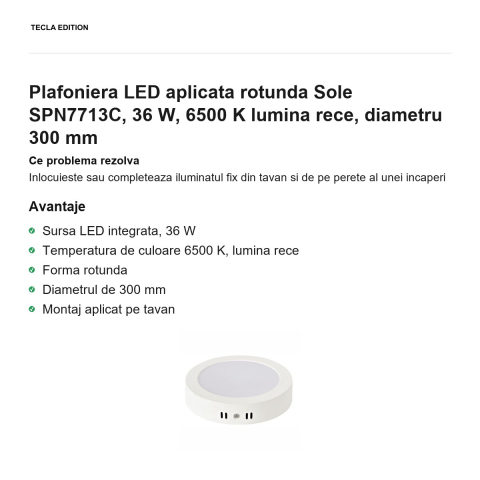 Plafoniera LED aplicata rotunda Sole SPN7713C, 36 W, 6500 K lumina rece, diametru 300 mm [1]