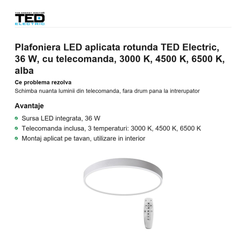 Plafoniera LED aplicata rotunda TED Electric, 36 W, cu telecomanda, 3000 K, 4500 K, 6500 K, alba [1]