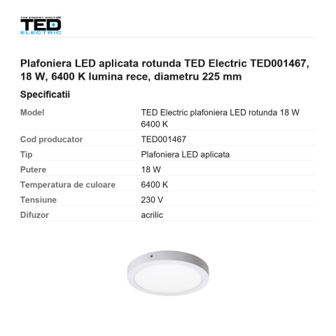 Plafoniera LED aplicata rotunda TED Electric TED001467, 18 W, 6400 K lumina rece, diametru 225 mm [2]