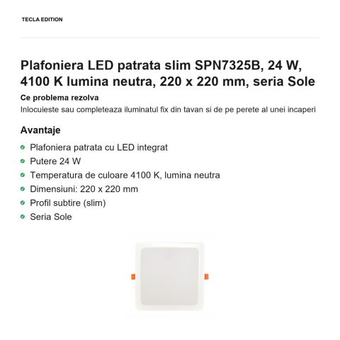 Plafoniera LED patrata slim SPN7325B, 24 W, 4100 K lumina neutra, 220 x 220 mm, seria Sole [1]
