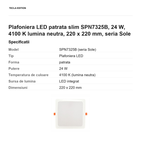 Plafoniera LED patrata slim SPN7325B, 24 W, 4100 K lumina neutra, 220 x 220 mm, seria Sole [2]