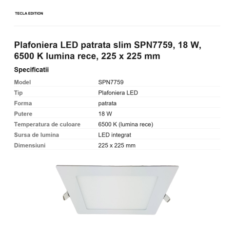 Plafoniera LED patrata slim SPN7759, 18 W, 6500 K lumina rece, 225 x 225 mm [2]