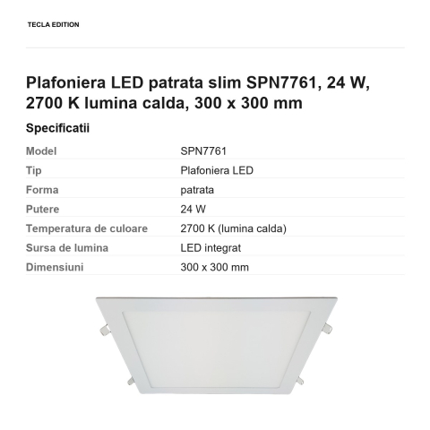 Plafoniera LED patrata slim SPN7761, 24 W, 2700 K lumina calda, 300 x 300 mm [2]
