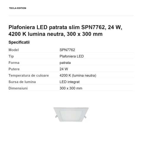 Plafoniera LED patrata slim SPN7762, 24 W, 4200 K lumina neutra, 300 x 300 mm [2]