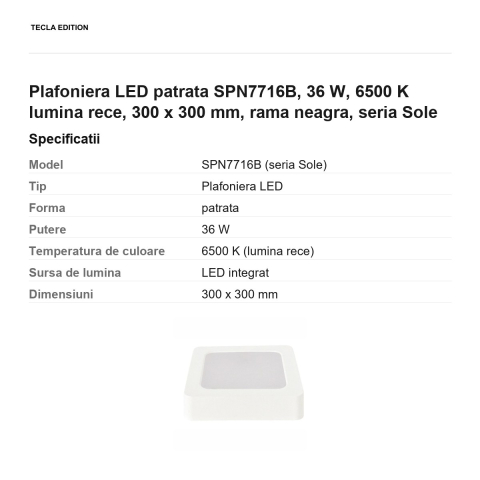 Plafoniera LED patrata SPN7716B, 36 W, 6500 K lumina rece, 300 x 300 mm, rama neagra, seria Sole [2]