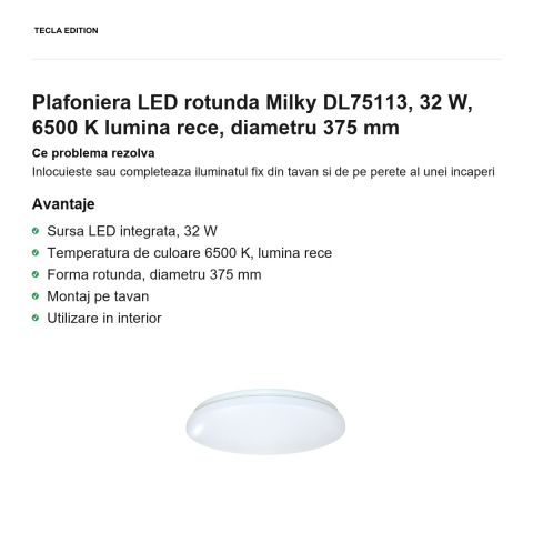 Plafoniera LED rotunda Milky DL75113, 32 W, 6500 K lumina rece, diametru 375 mm [1]