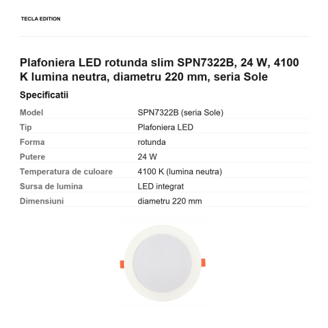 Plafoniera LED rotunda slim SPN7322B, 24 W, 4100 K lumina neutra, diametru 220 mm, seria Sole [2]