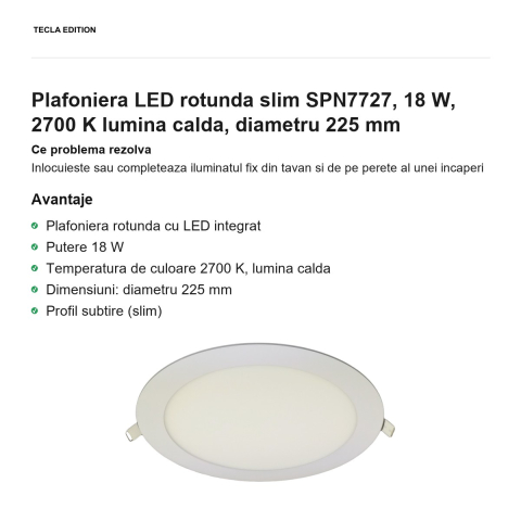 Plafoniera LED rotunda slim SPN7727, 18 W, 2700 K lumina calda, diametru 225 mm [1]