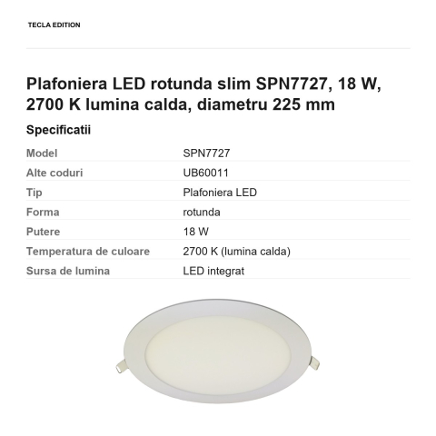 Plafoniera LED rotunda slim SPN7727, 18 W, 2700 K lumina calda, diametru 225 mm [2]