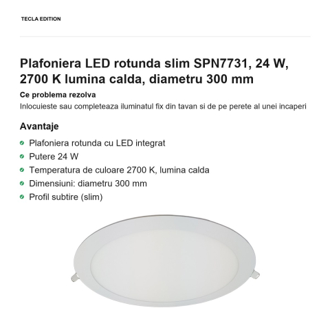 Plafoniera LED rotunda slim SPN7731, 24 W, 2700 K lumina calda, diametru 300 mm [1]