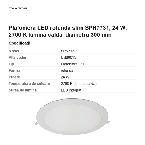 Plafoniera LED rotunda slim SPN7731, 24 W, 2700 K lumina calda, diametru 300 mm [2]