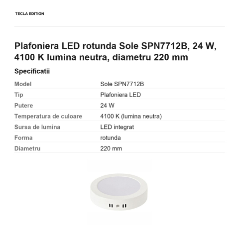 Plafoniera LED rotunda Sole SPN7712B, 24 W, 4100 K lumina neutra, diametru 220 mm [2]