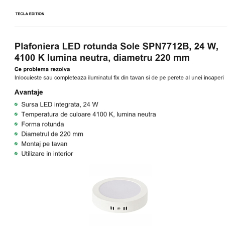 Plafoniera LED rotunda Sole SPN7712B, 24 W, 4100 K lumina neutra, diametru 220 mm [1]