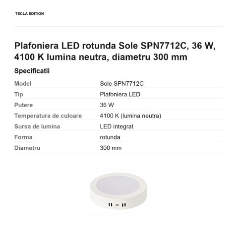 Plafoniera LED rotunda Sole SPN7712C, 36 W, 4100 K lumina neutra, diametru 300 mm [2]